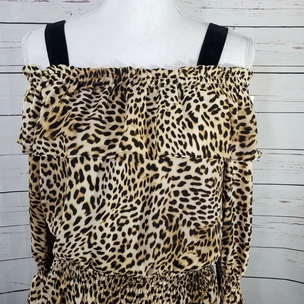 Libby Edelman Womens Leopard Print Off Shoulder Boho Festival Swing Dress NWT M